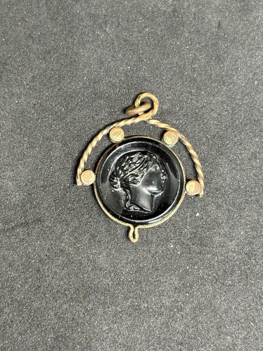 Antique Victorian Gold Filled Pressed Amber Glass Cameo Pendant Watch Fob 1”